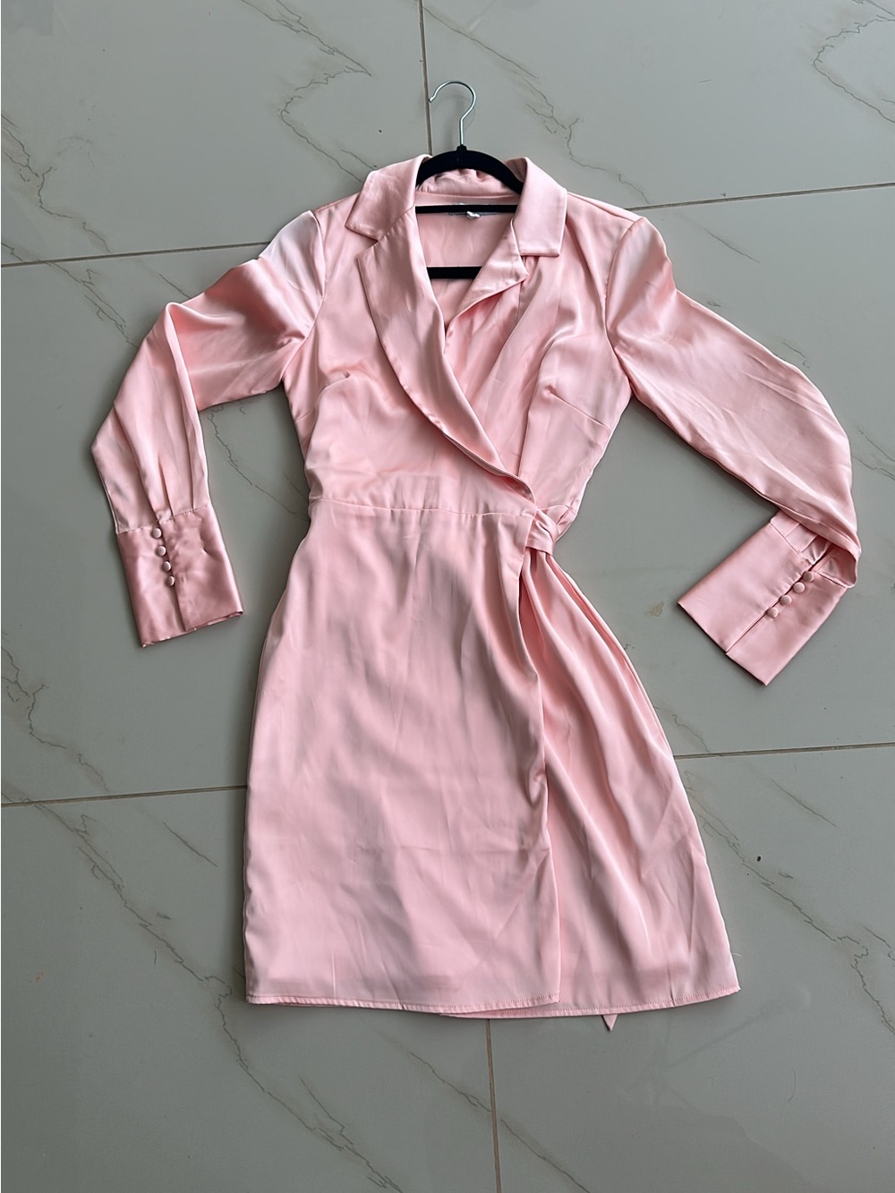 Guess Pink Satin Wrap Dress with Tailored Lapel